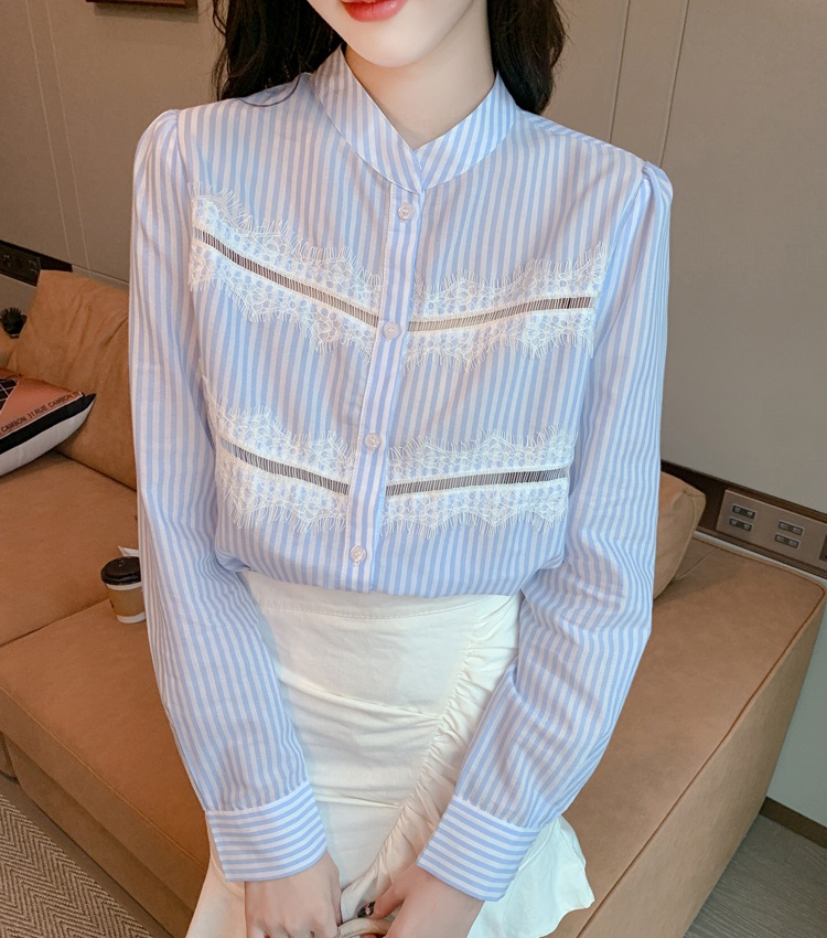 Niche splice stripe chiffon shirt lace autumn shirt