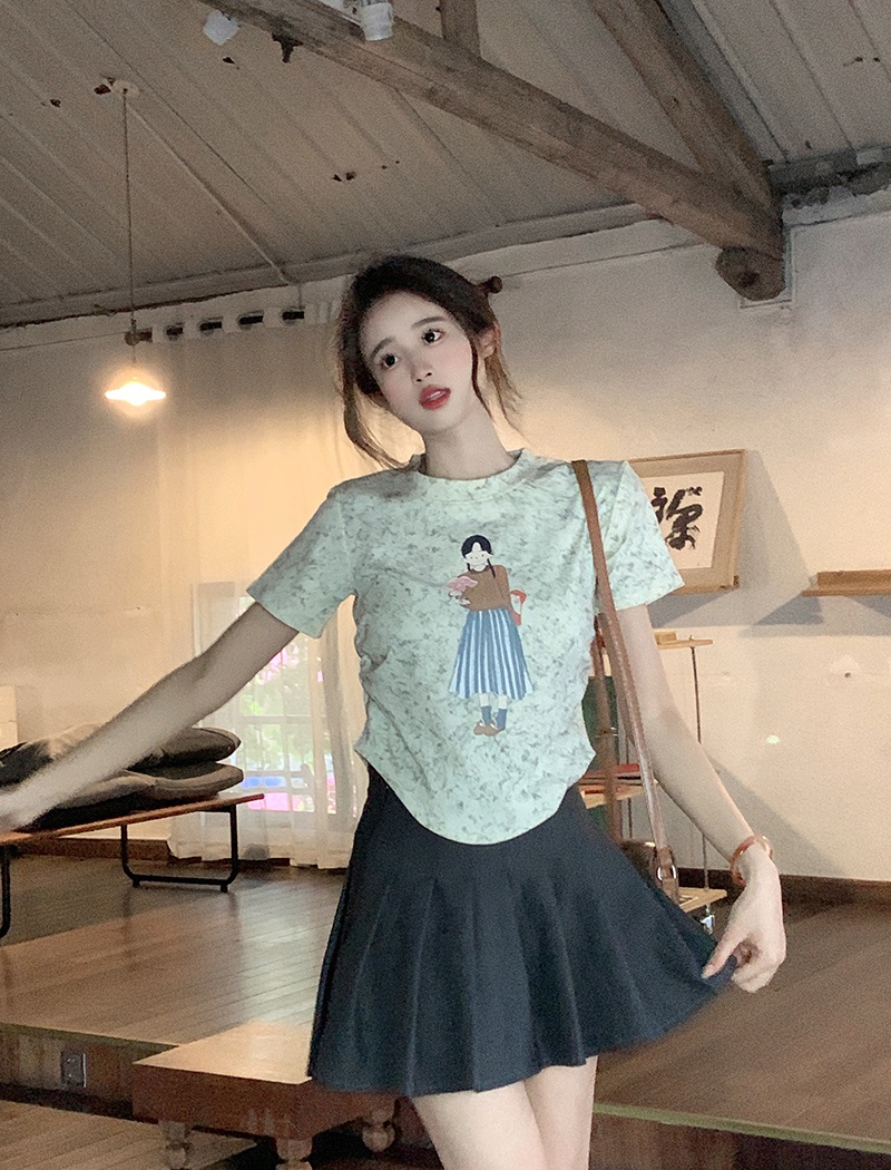 Screw thread printing tops round neck slim T-shirt for women