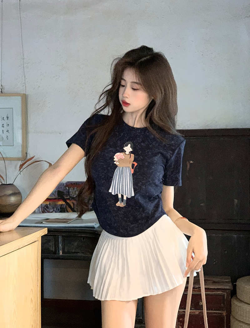 Screw thread printing tops round neck slim T-shirt for women