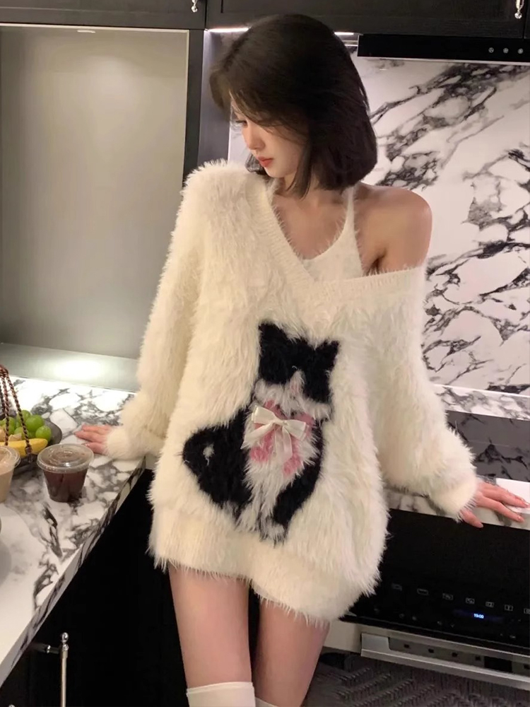 Loose sling sweater lazy kitty tops 2pcs set for women