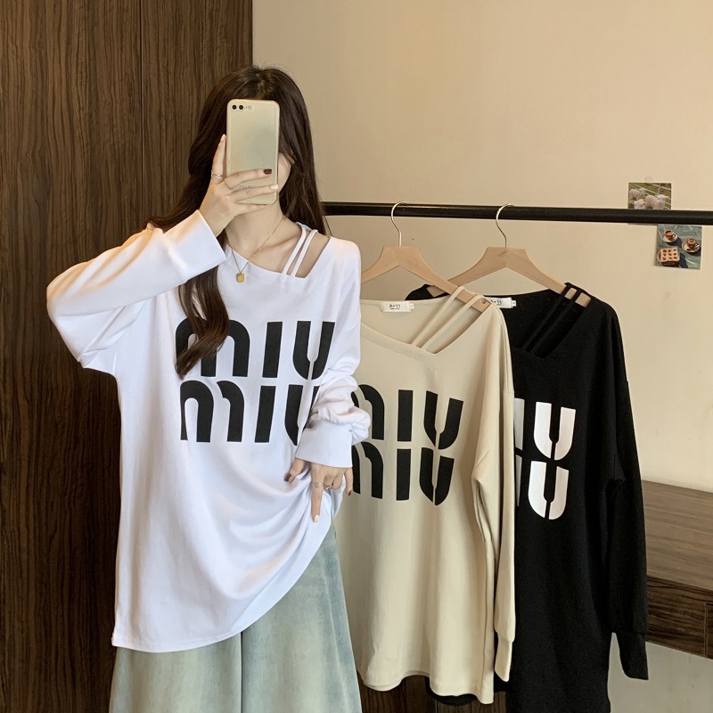 Large yard all-match T-shirt oblique collar tops for women