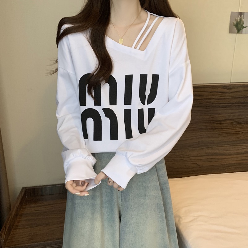 Large yard all-match T-shirt oblique collar tops for women