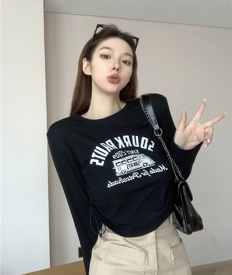 Drawstring printing T-shirt retro long sleeve tops