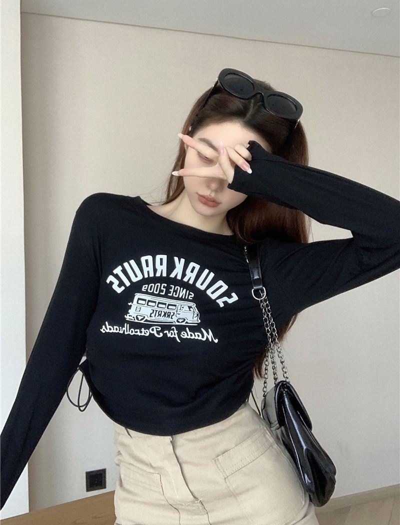 Drawstring printing T-shirt retro long sleeve tops