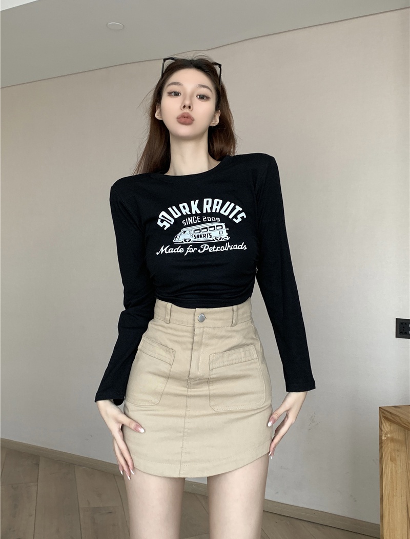 Drawstring printing T-shirt retro long sleeve tops