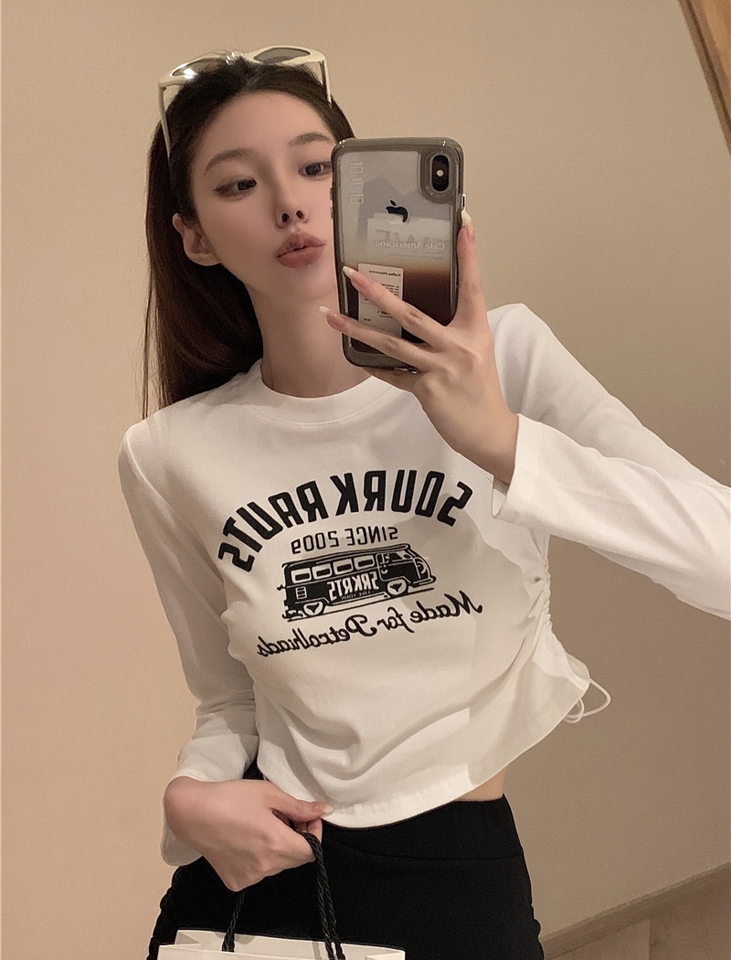 Drawstring printing T-shirt retro long sleeve tops