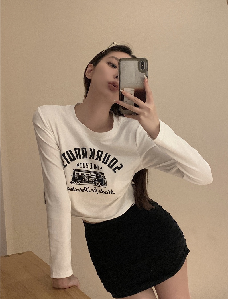 Drawstring printing T-shirt retro long sleeve tops