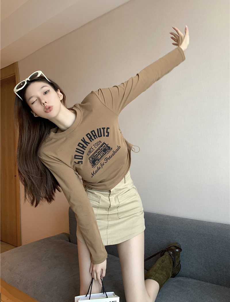 Drawstring printing T-shirt retro long sleeve tops