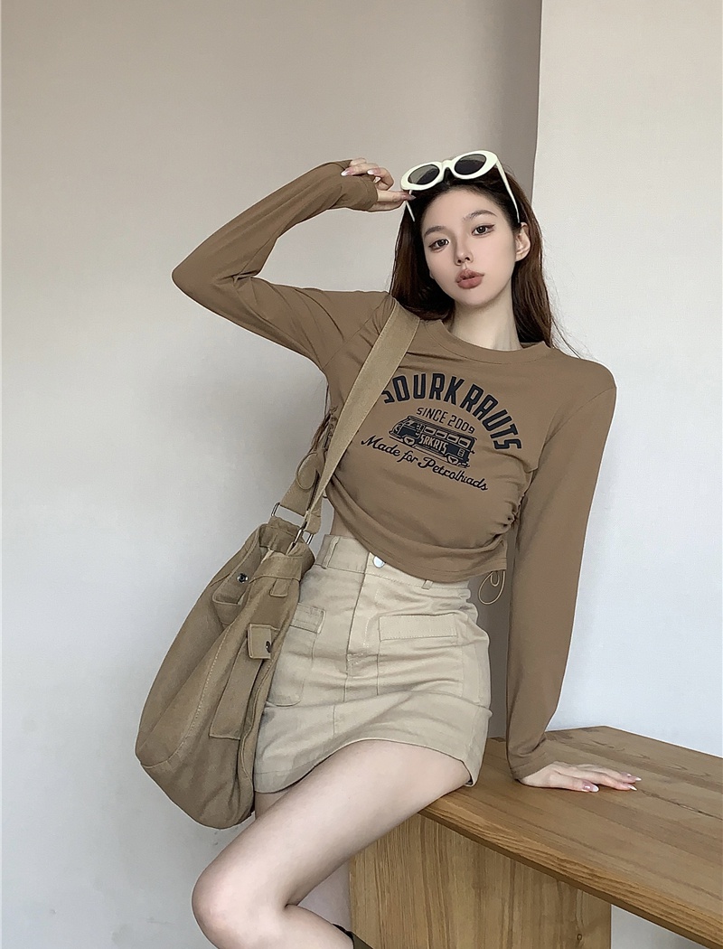 Drawstring printing T-shirt retro long sleeve tops