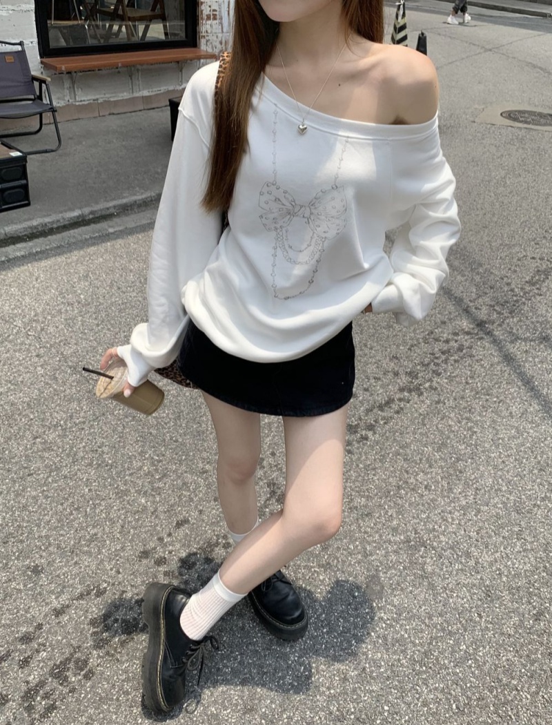 Slim loose long sleeve tops bow strapless T-shirt