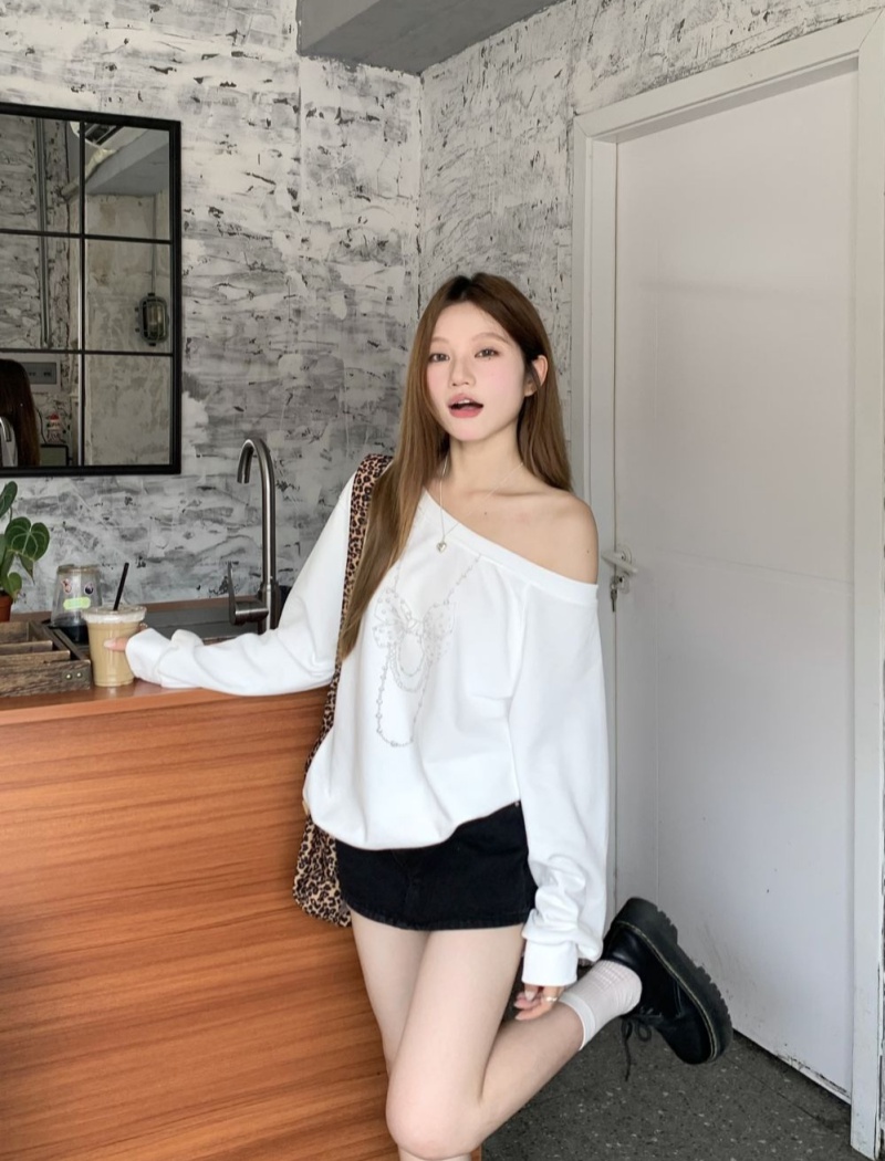 Slim loose long sleeve tops bow strapless T-shirt