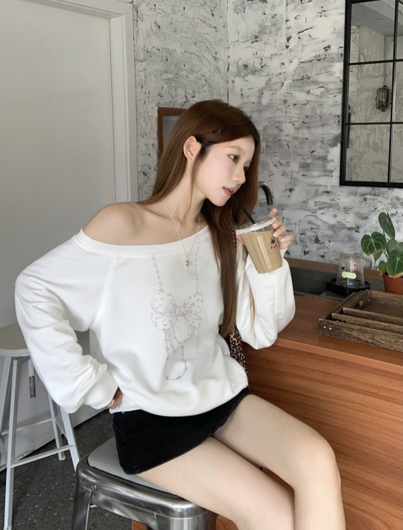 Slim loose long sleeve tops bow strapless T-shirt