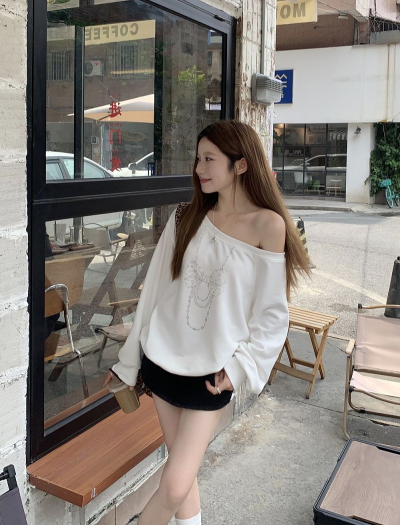 Slim loose long sleeve tops bow strapless T-shirt