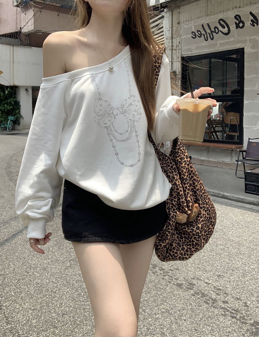 Slim loose long sleeve tops bow strapless T-shirt