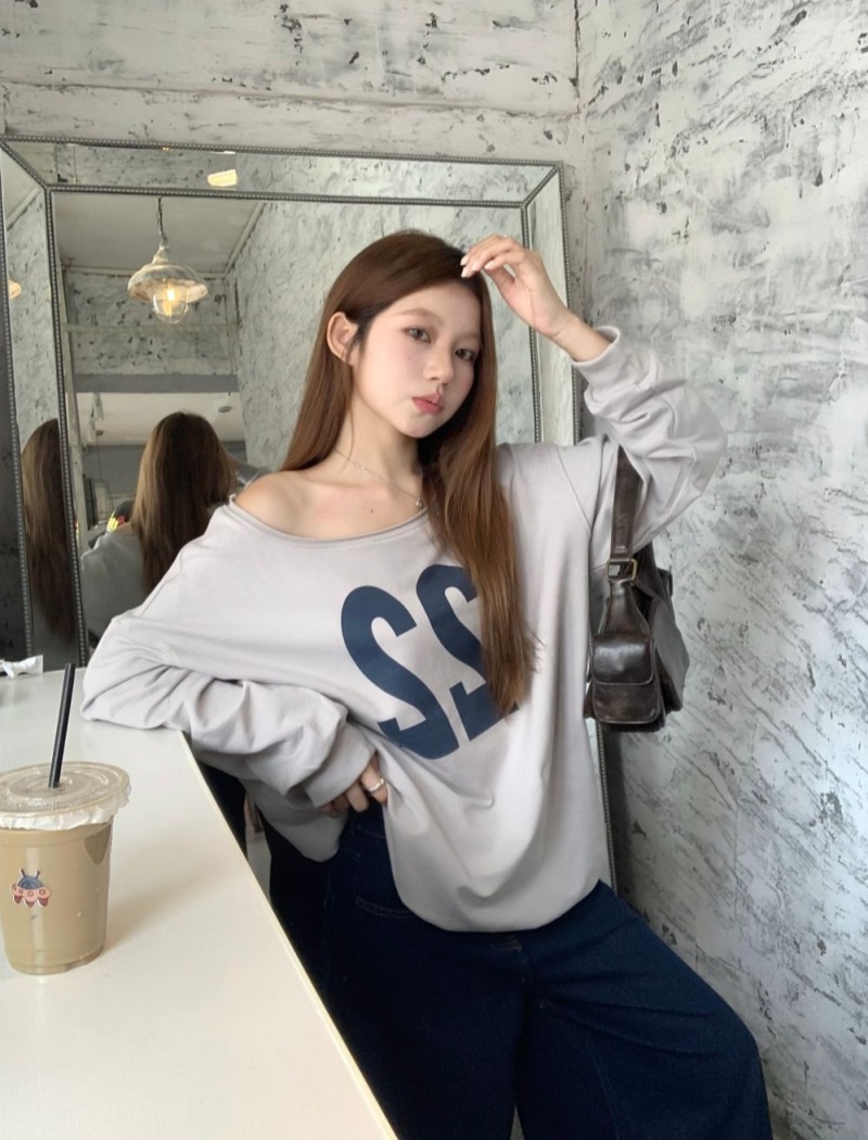 Printing lazy letters loose retro sloping shoulder hoodie