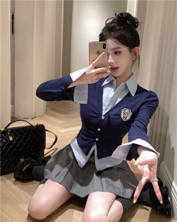 Stripe A-line skirt college style blue shirt a set