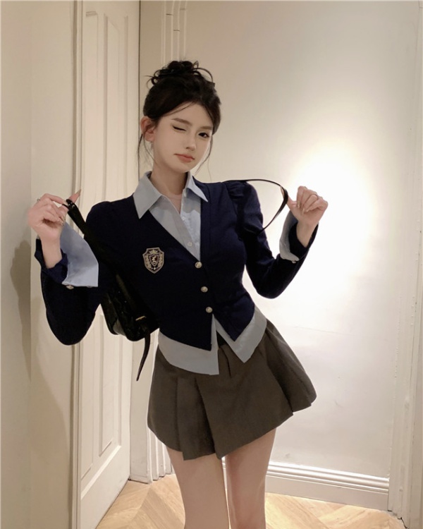 Stripe A-line skirt college style blue shirt a set