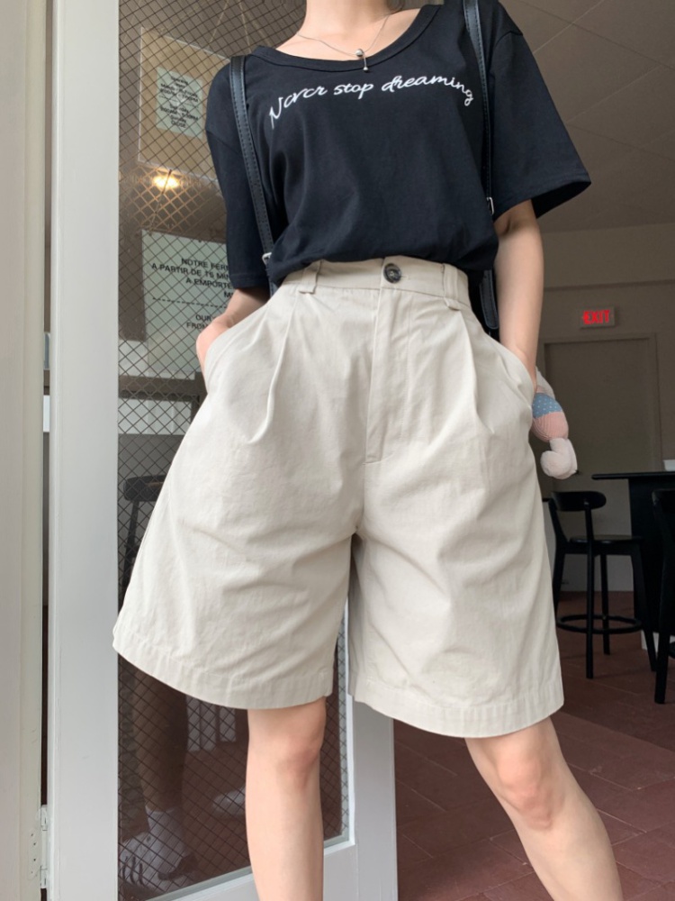 Khaki pure high waist shorts loose summer five pants