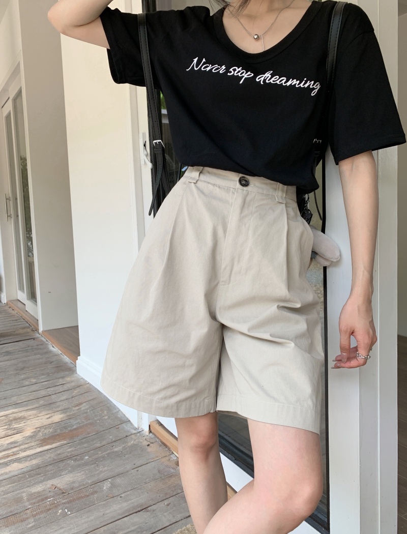 Khaki pure high waist shorts loose summer five pants