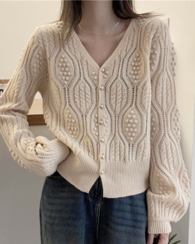 Wool gold buckle cardigan lantern sleeve weave sweater for women