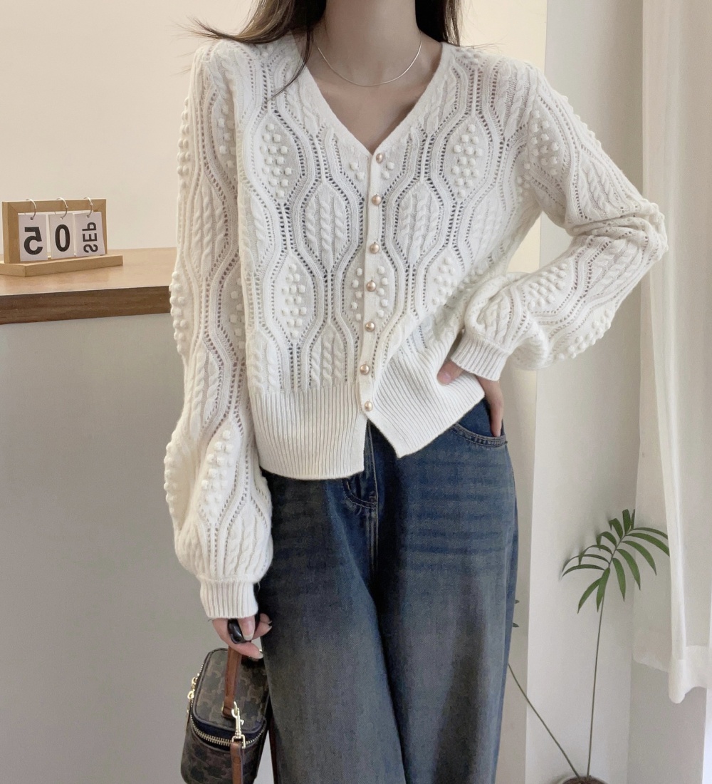 Wool gold buckle cardigan lantern sleeve weave sweater for women