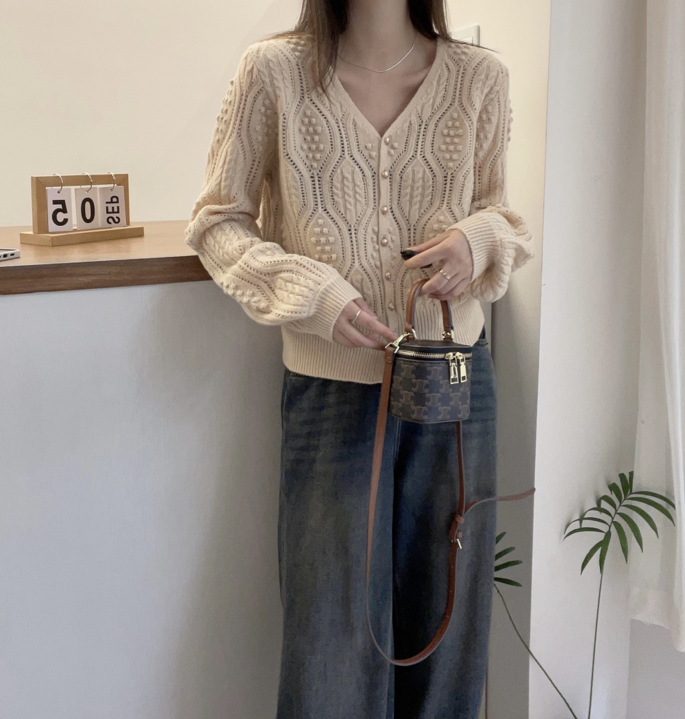 Wool gold buckle cardigan lantern sleeve weave sweater for women