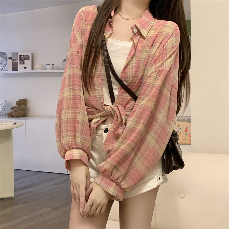 Sunscreen plaid summer tops wears outside loose retro shirt