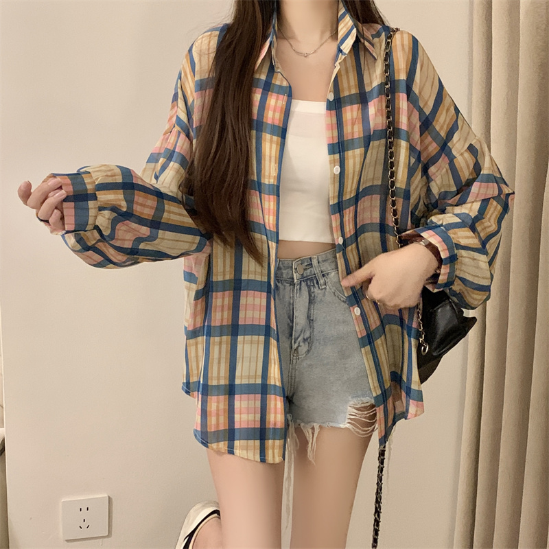 Sunscreen plaid summer tops wears outside loose retro shirt