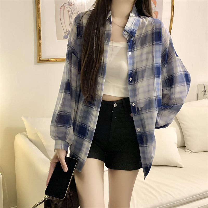 Sunscreen plaid summer tops wears outside loose retro shirt