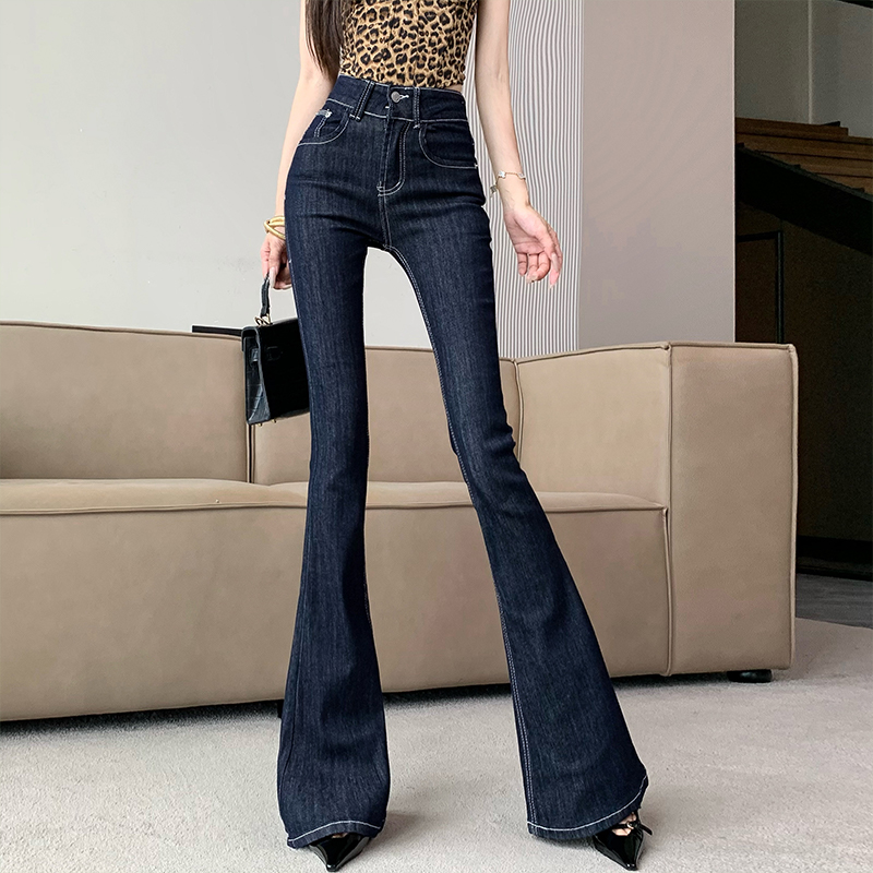 Retro navy blue jeans tight American style pants for women