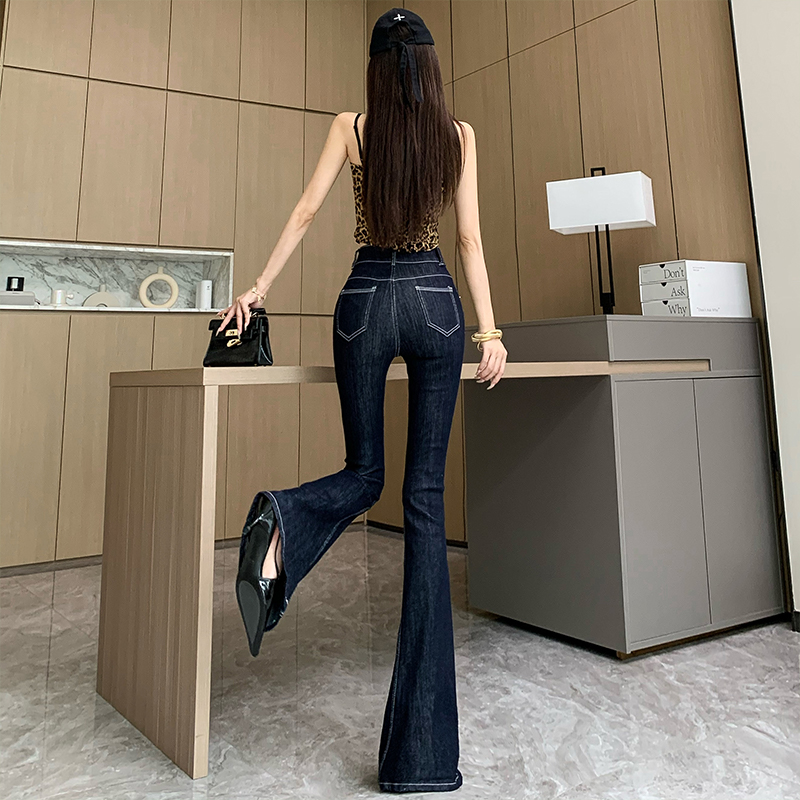 Retro navy blue jeans tight American style pants for women