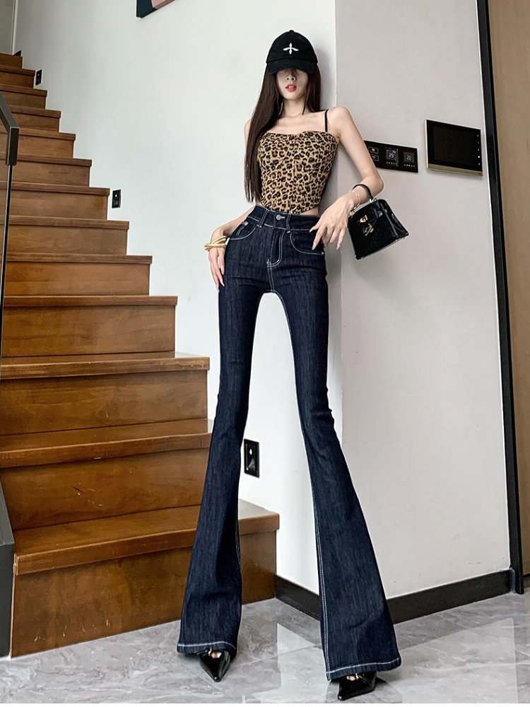 Retro navy blue jeans tight American style pants for women