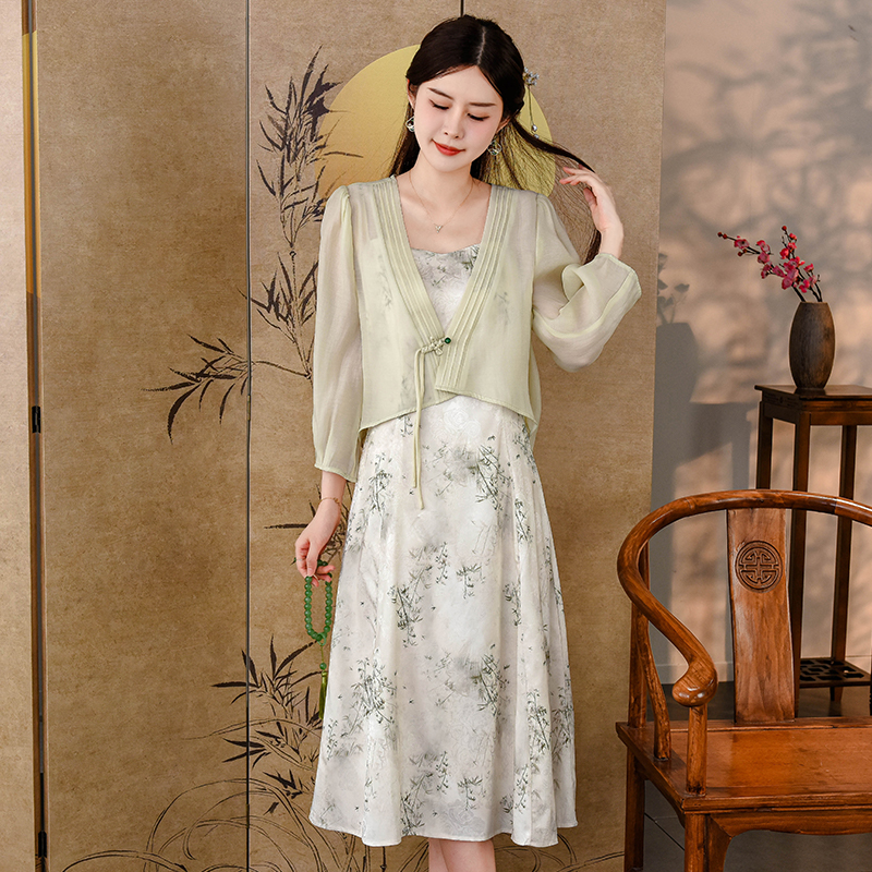 Sling fashionable Chinese style dress 2pcs set for women