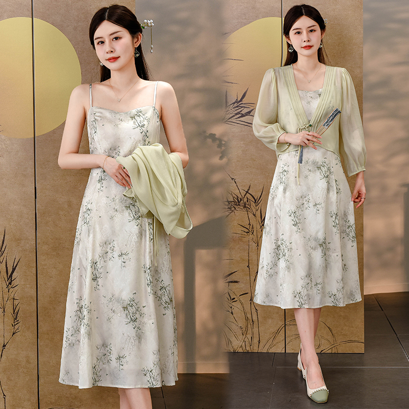 Sling fashionable Chinese style dress 2pcs set for women