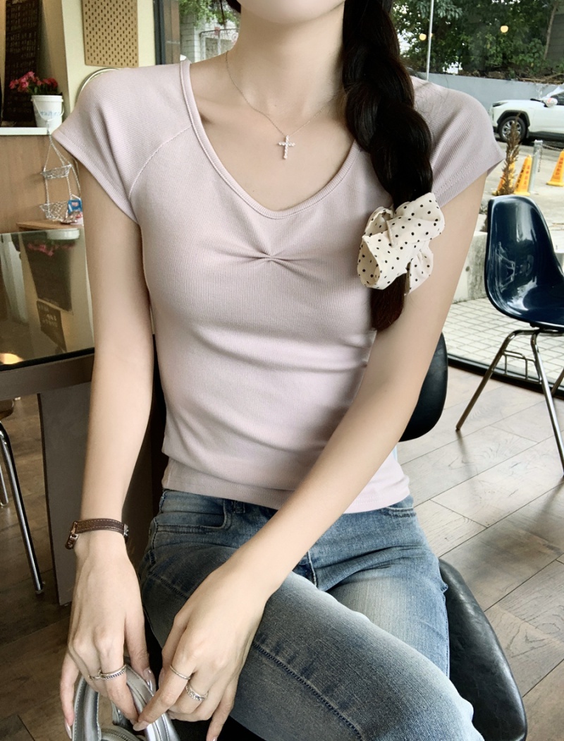 Raglan pinch pleated V-neck T-shirt summer boats sleeve tops