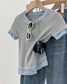 Pinched waist gray short tops stripe splice T-shirt