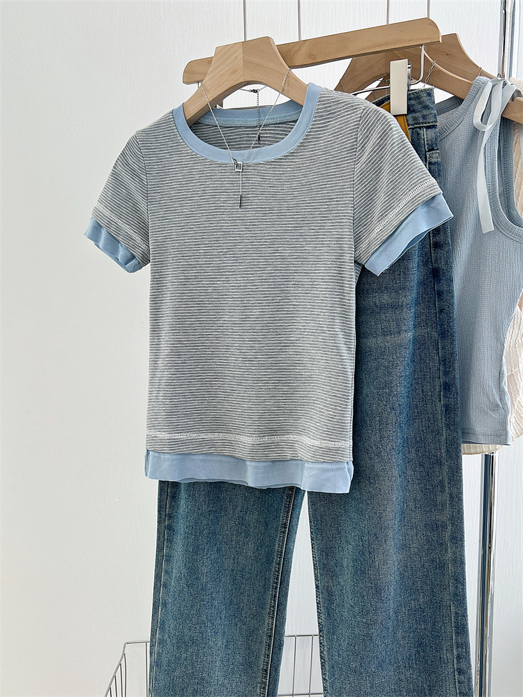 Pinched waist gray short tops stripe splice T-shirt