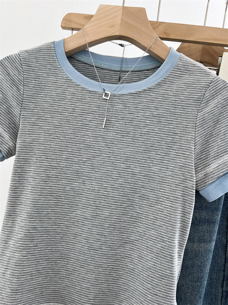 Pinched waist gray short tops stripe splice T-shirt