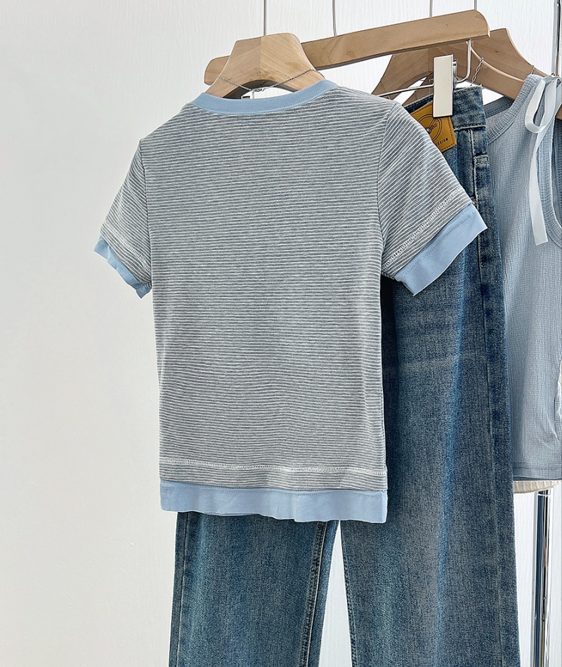 Pinched waist gray short tops stripe splice T-shirt