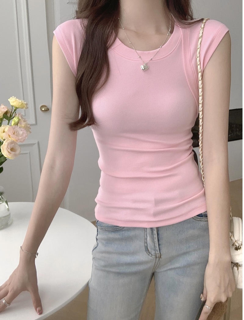 Niche round neck T-shirt slim short sleeve waistcoat for women