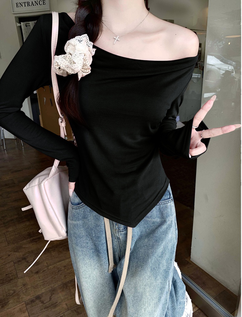 Slim long sleeve tops horizontal collar T-shirt for women