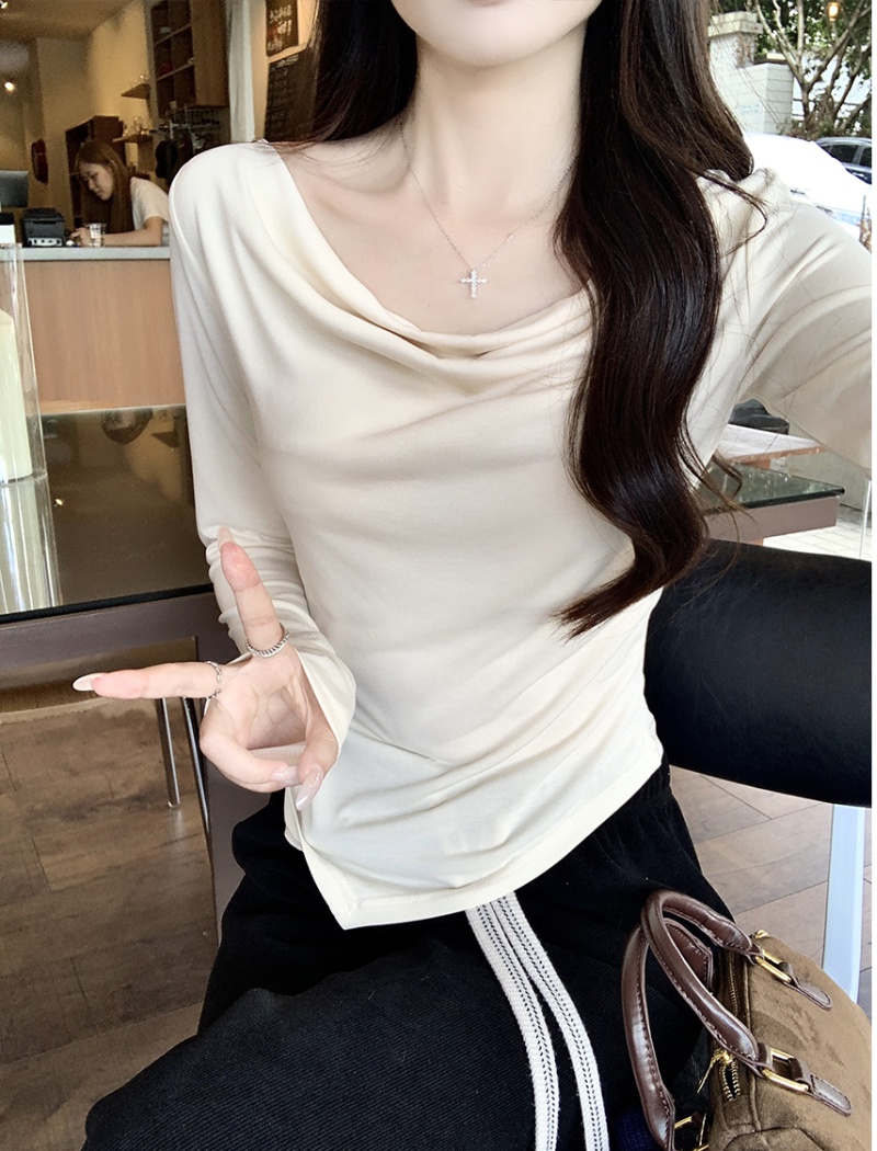 Slim long sleeve tops horizontal collar T-shirt for women