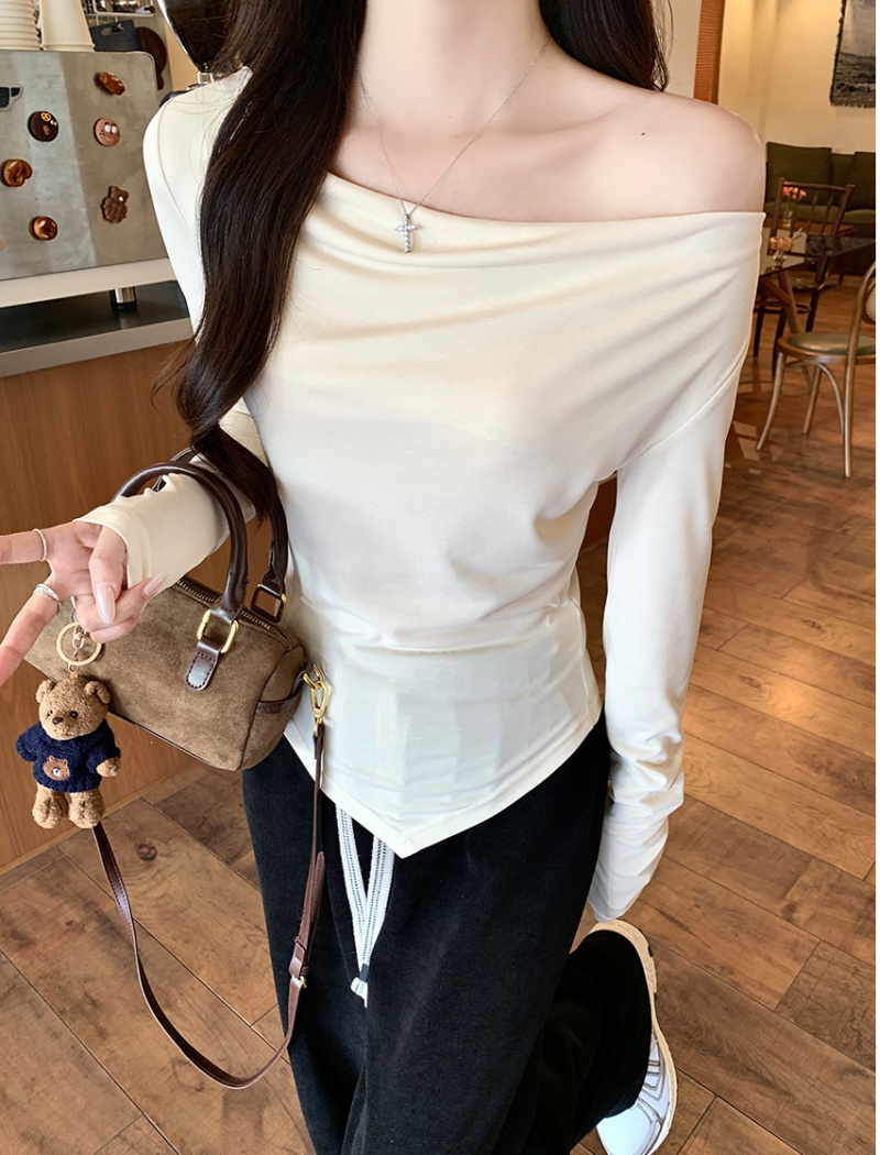 Slim long sleeve tops horizontal collar T-shirt for women