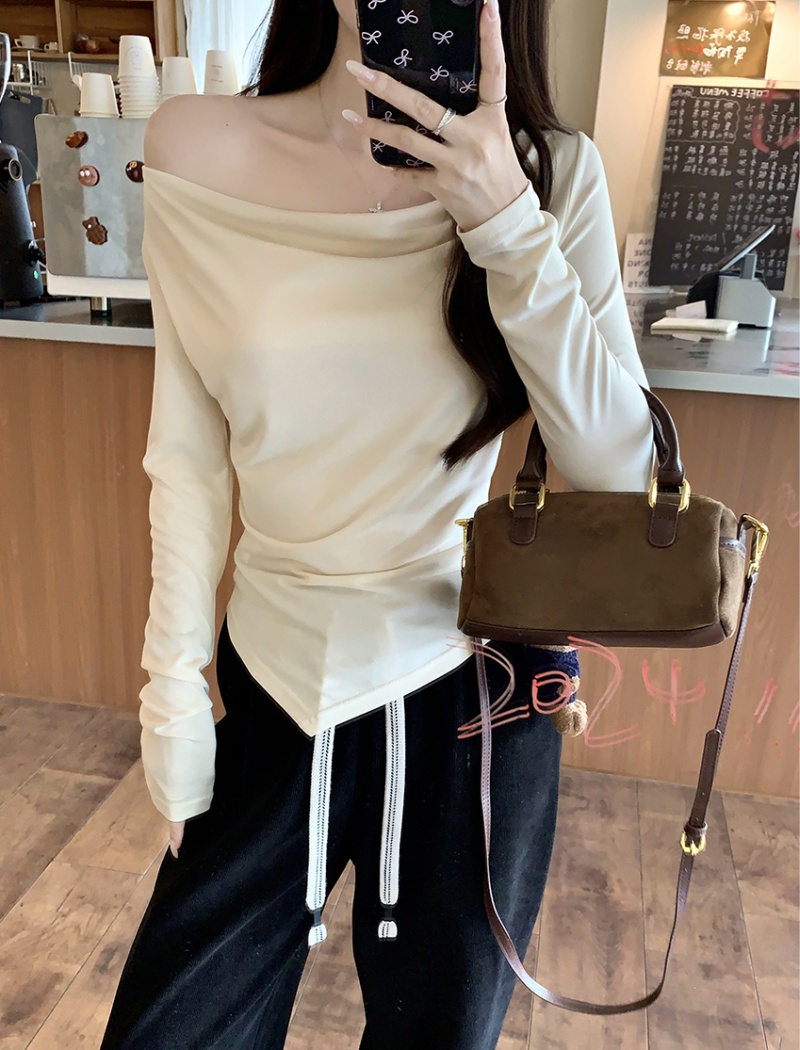 Slim long sleeve tops horizontal collar T-shirt for women