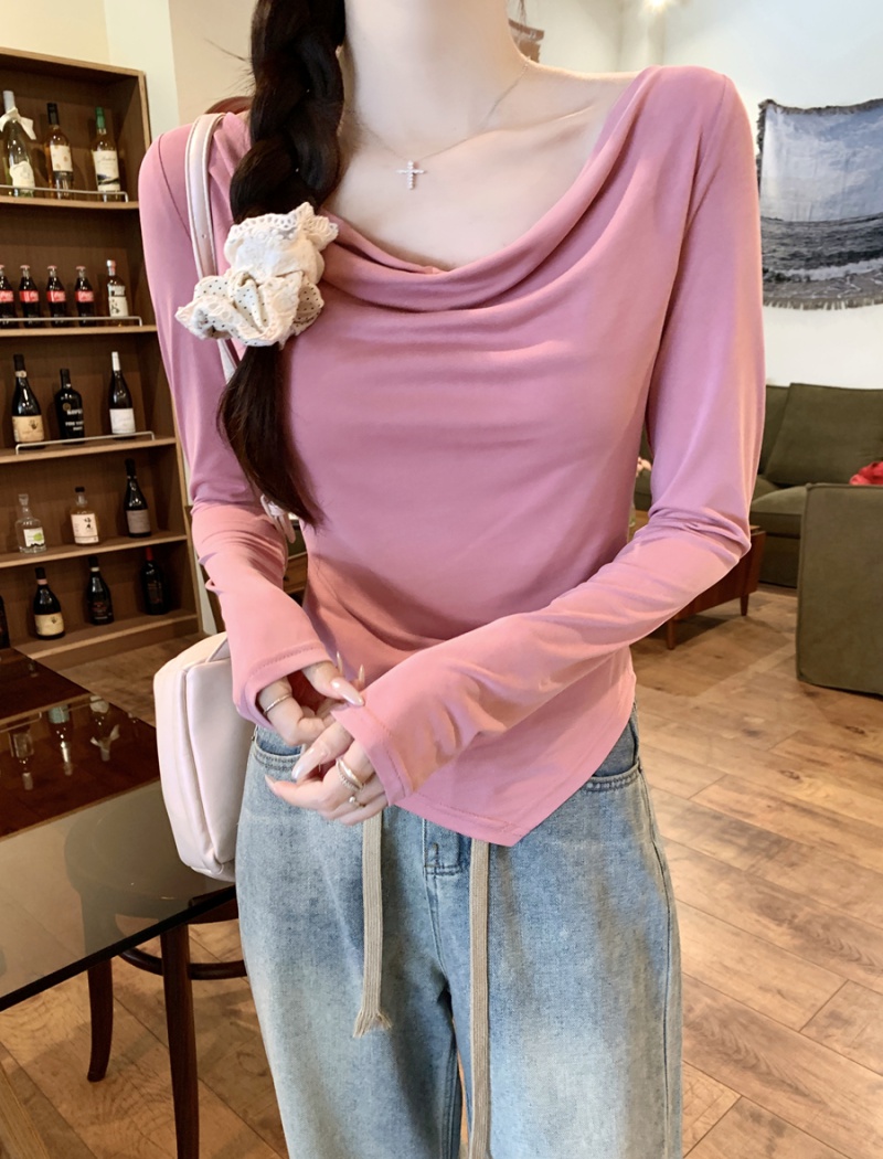 Slim long sleeve tops horizontal collar T-shirt for women