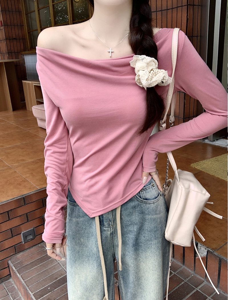 Slim long sleeve tops horizontal collar T-shirt for women