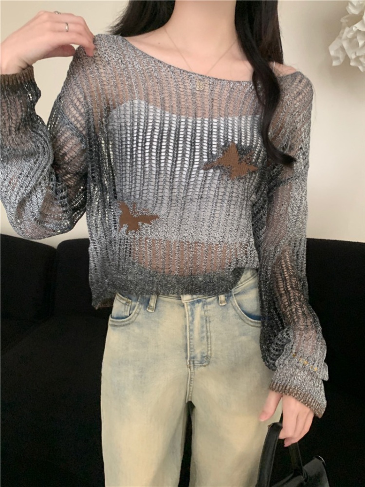 Long sleeve summer sunscreen sweater gradient hollow tops