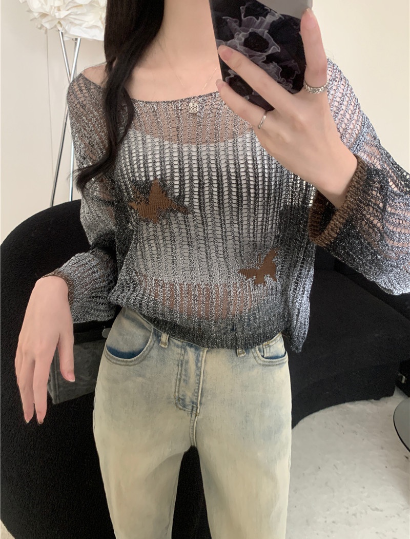 Long sleeve summer sunscreen sweater gradient hollow tops