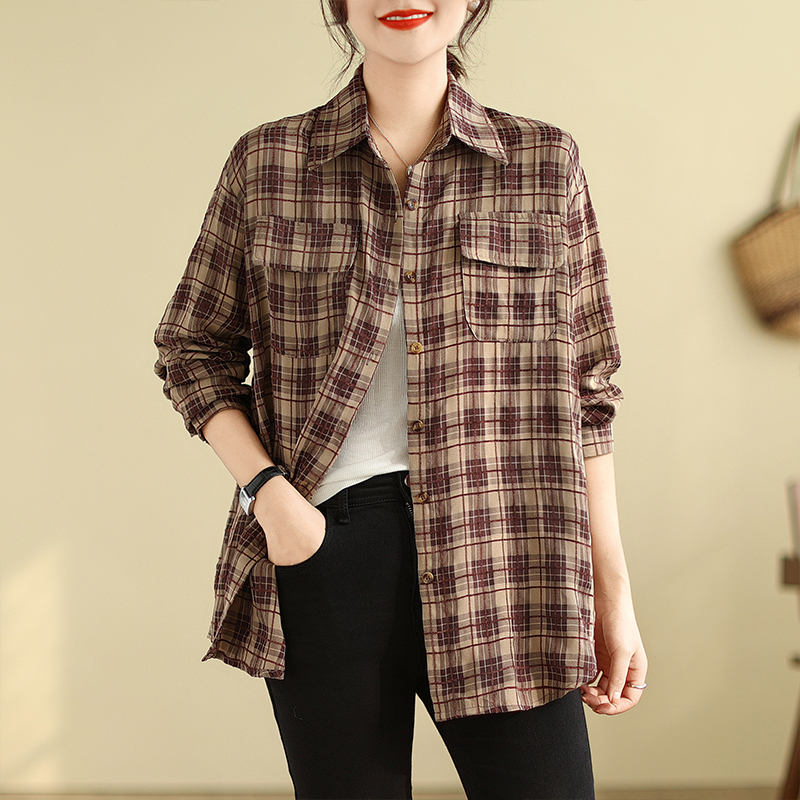 Casual autumn plaid long sleeve loose large yard shirt