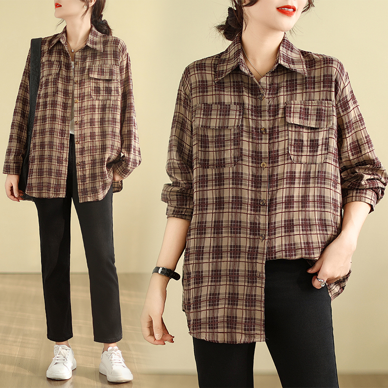 Casual autumn plaid long sleeve loose large yard shirt